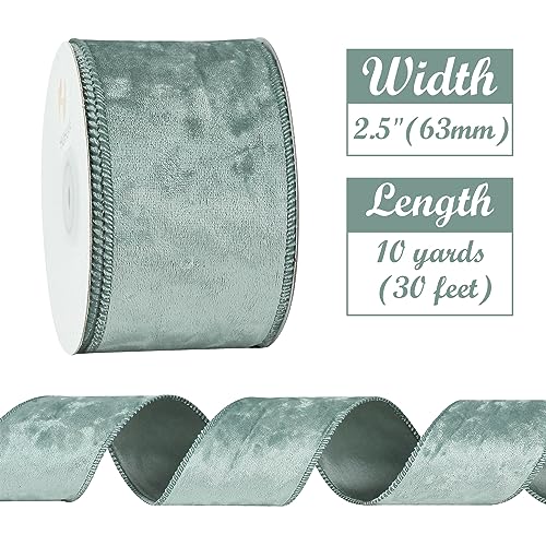 HUIHUANG Dusty Blue Velvet Wired Ribbon 2-1/2 inch, Christmas Velvet Ribbon for Christmas Tree, Large Bows, Wreaths, Gift Wrapping, Garland, Home Decor, Crafts-Continuous 10 Yards/Roll - Thumbnail 2
