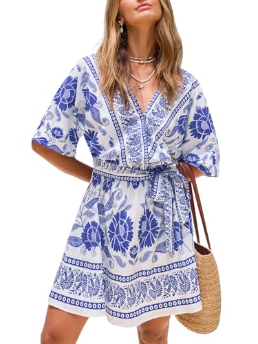 Image of CUPSHE Womens Summer Mini Dresses Short Sleeve Boho Floral Beach Vacation Sundress V Neck Tie Waist Casual A Line Dress
