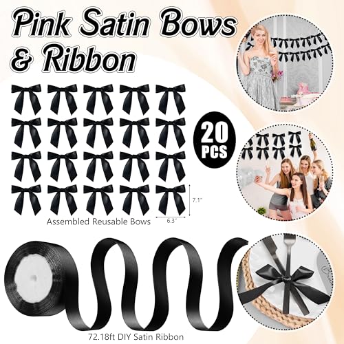 Image of 142Pcs Black Bow Balloon Garland Arch Kit - Coquette Birthday Decorations with Black and White Balloons, Bow Balloons and Satin Ribbon Bows for Birthday Wedding Baby Shower Bachelorette Party Decor