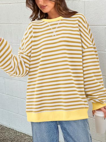 Image of PRETTYGARDEN Womens Striped Oversized Sweatshirt Color Block Crew Neck Long Sleeve Casual Loose Pullover Top Y2K Clothes
