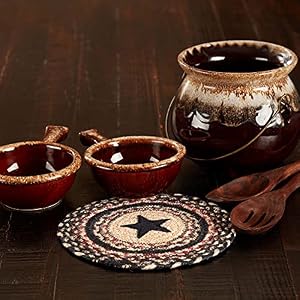 VHC Brands Colonial Star Trivet Hot Pad for Pots Pans Tan Black Red Jute Blend Round Circle 8 Inches