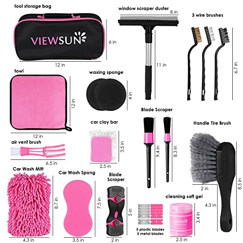 Viewsun 19Pcs Car Cleaning Kit, Pink Car Detailing Kit Interior And Exterior For Women - Cleaning Gel, Razor Blade Scraper, Tire Brush, Car Wash Mitt, Squeegee, Microfiber Wax Applicator #TOP1