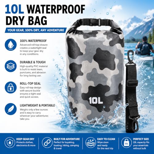 Image of Waterproof Dry Bag with Phone Case, 2L /3L /5L /10L /15L /20L /30L, Floating and Lightweight Bags for Kayaking Rafting Boating River Trekking-Multi Color (10 Liter Grey)