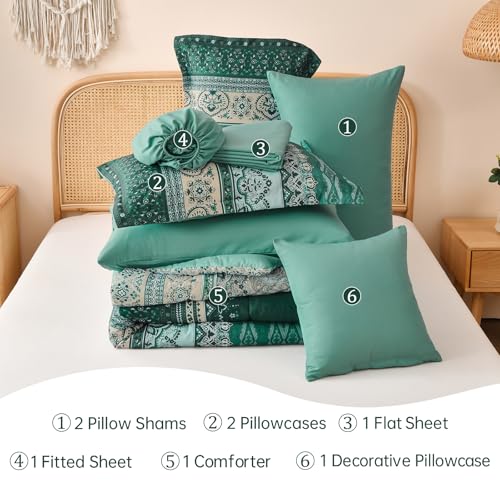 Image of Cottolester Boho Comforter Set Full Size,8 Pieces Teal Green Bohemian Striped Bed in a Bag,Paisley Soft Microfiber Bedding Comforter Set