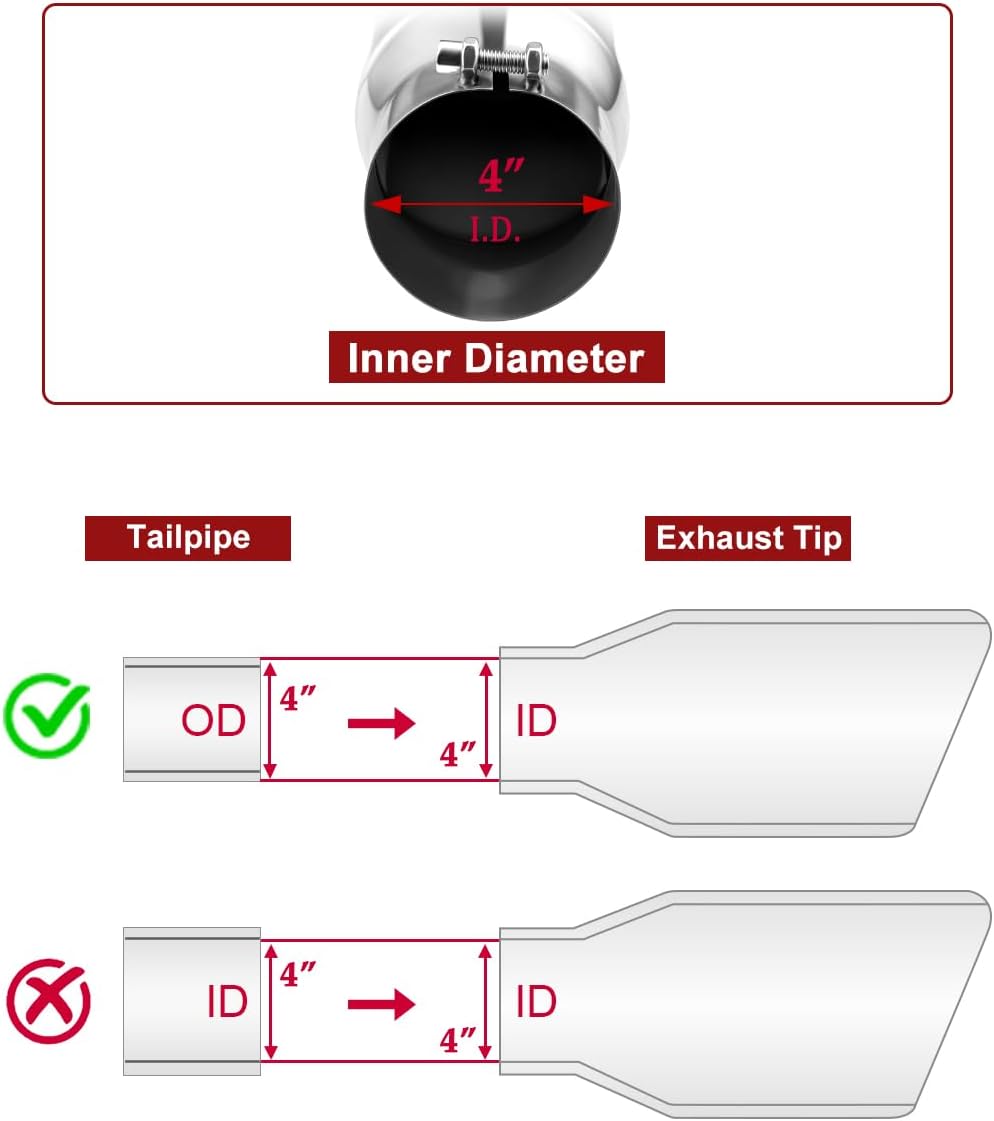 Upower Diesel Exhaust Tip 4" to 5" Stainless Steel Bolt-On Tail Pipe Tips 4 inch Inlet 5 inch Outlet 12" Long Rolled Angle Angle Cut Design