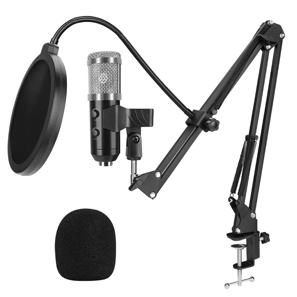 MRKU Micrófono de Condensador USB para computadora Micrófono de Condensador cardioide con Brazo de Metal Ajustable para grabación de Juegos