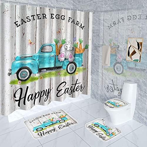 4 Pcs Easter Shower Curtain Set with Rugs, Toilet Lid Cover Bath Mat ,Funny Rabbit Easter Eggs Decoration Shower Curtain with 12 Hooks,65 x 70 Inches Waterproof Easter Shower Curtain for Bathroom Set