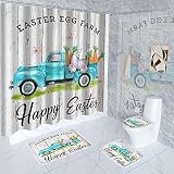 4 Pcs Easter Shower Curtain Set with Rugs, Toilet Lid Cover Bath Mat ,Funny Rabbit Easter Eggs Decor