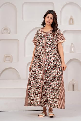 Image of DIAMO Full Open /Front Buttoned Pure Cotton Night Gown Women /Girls with Jaipuri Block Print, Maxi Night Gown, Sleepwear, Nighty, Nightdress, Jaipuri Nighty, Nighties