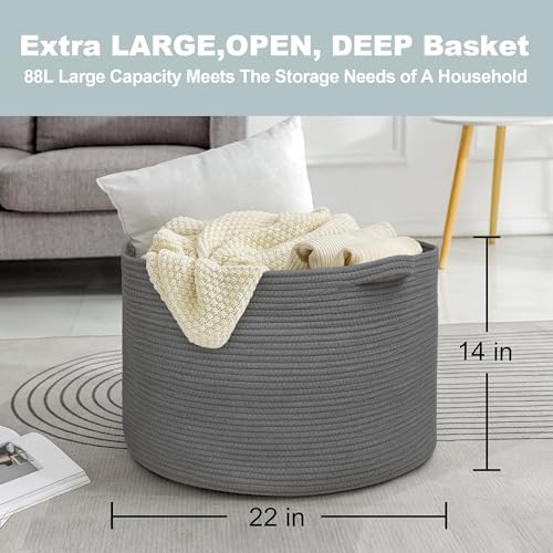 Image of MEGASKET Large Dark Grey Storage Basket, Woven Cotton Rope Baskets for Storage, Big Blanket Organizer Storage Basket for Living Room, Kids Room Toy Storage Organizer Box, Blanket Keeper (22 inchx14 inch)