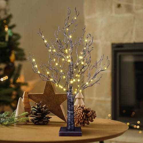 LIGHTSHARE 24IN Lighted Willow Tree Bonsai 70 Mini LED Lights Artificial Black Birch Tree for Home, Festival, Nativity, Party, and Christmas Decoration, Plug in or Battery (Black)