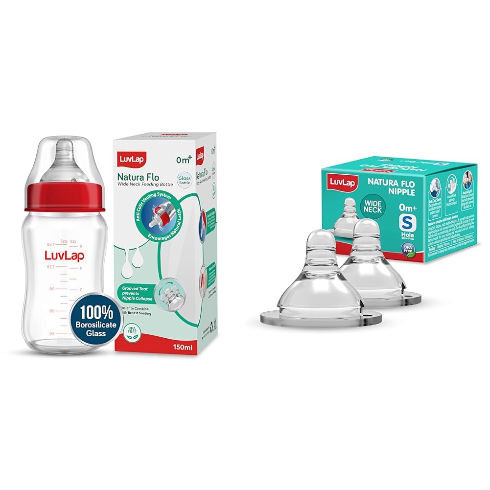 LuvLap Natura Flo Wide Neck Glass Feeding Bottle, 150ml & Luvlap Anti-Colic Natura Flo Teat/Nipple for Wide Neck Bottle, 2pcs, Slow Flow, 0m+