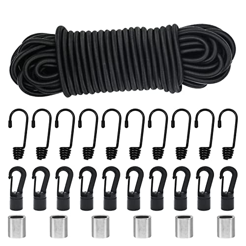 Episkey Tendeur Elastique 6mm 15m Noir, Corde Élastique Tendeurs Elastique avec Crochets, Sangle Elastique pour Bache, Crochet Velo, Crochet Fixation (Noir,...