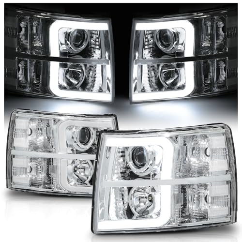M-AUTO Chrome Projector Headlamp Headlights Assembly with 2 Pair Pre-assembled 6000K LED Bulbs Compatible with 07-13 Chevy Silverado 1500, 07-14 Silverado 2500 3500 & HD Models
