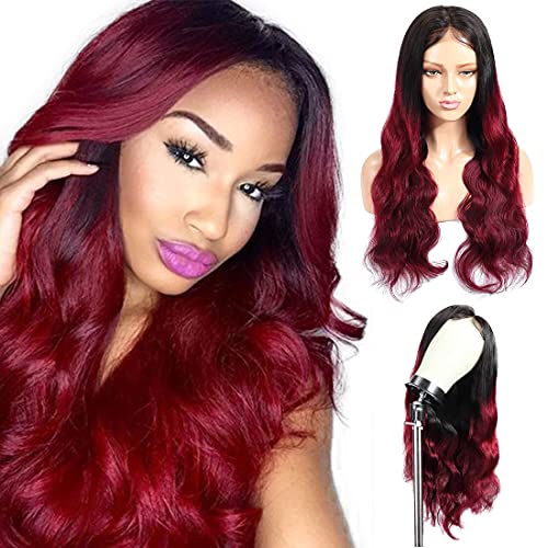 Burgundy Ombre Body Wave Human Hair Wig, Lace Front Black Roots to Dark Red Glueless Brazilian Hair Wigs, Muticolor 99J Composed of 4x4 Inch Closure & Hair Weave (20" Wig, 250% Density)