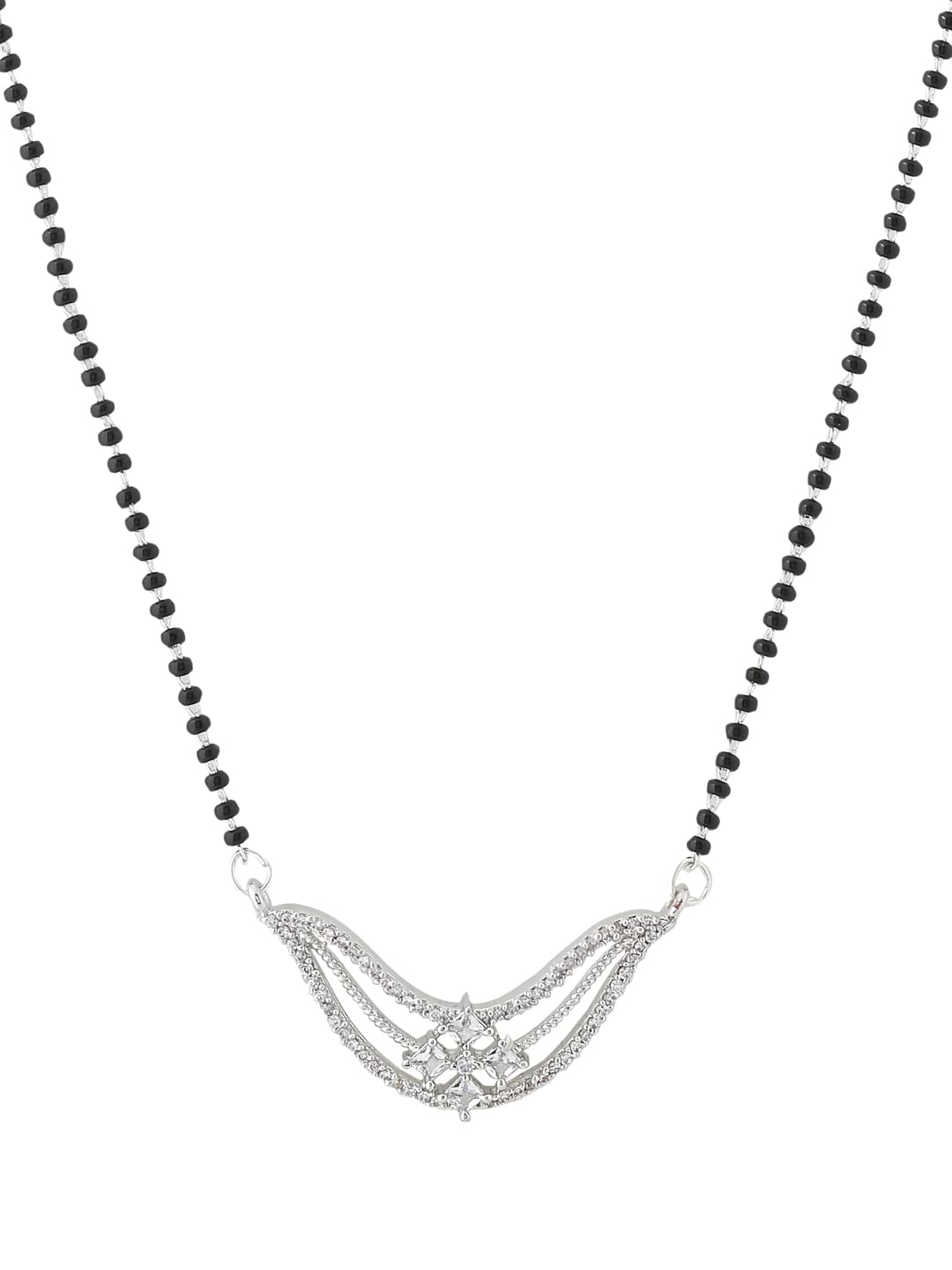 Yellow ChimesMangalsutra for Women Silver Toned AD/American Diamond Studded Black Beads Mangalsutra for Women and Girls