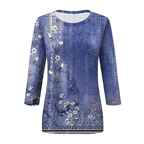 HTHLVMD Womens 3/4 Length Sleeve Tops 2025 Fall Fashion Floral Print Crewneck Causal Trendy Tunic Tops for Women