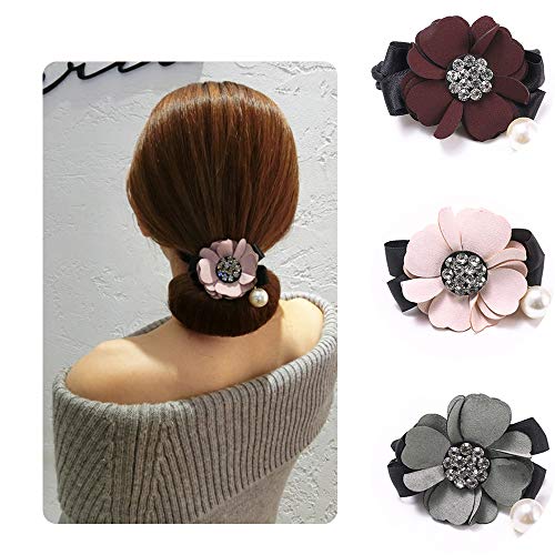 3pcs Women Girl Magic DIY French Twist Hair Bun Donut Maker, Pearl Flower Headband, French Bud Headwear, Ponytail Bun Twister Tie Hairstyle Tool, Sweet Hair Accessories (1 Flower+Pearl)