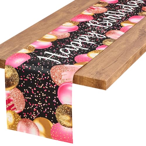 Image of Letjolt Golden Rose Pink Balloon Happy Birthday Table Runner 72 Inches | Linen-Like Fabric, Celebrate Birthday Party Table Decor
