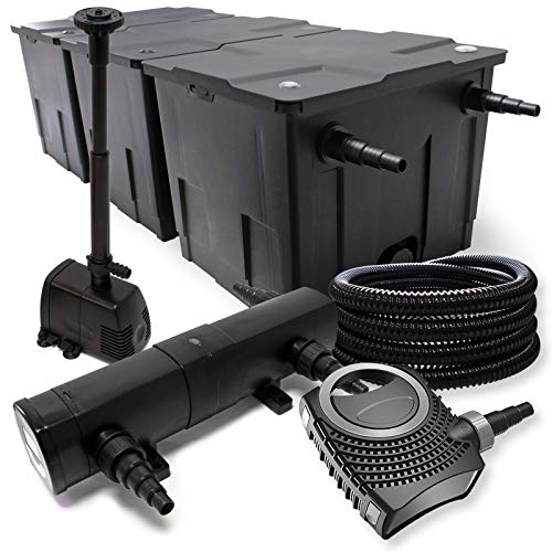 Wiltec Komplettset: CBF-350C Teichfilter bis 90000 L Teichfilteranlage, NEO10000 Teichpumpe 10000l/h 80W, CUV-224 Teichklärer 24W, 25m Teichschlauch 25 mm, HJ-943 Springbrunnen 800l/h 16W