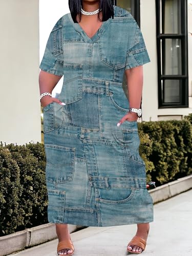 Image of SUZONANA Plus Size Denim Print Maxi Dresses for Women Casual V Neck Short Sleeve with Pockets Soft Jean Look Dress XL-6XL