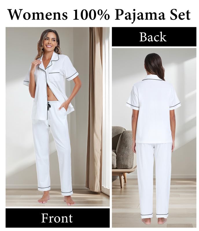 Image of CF Womens 100% Cotton Pajamas Set Button Down Pjs Sets Short Sleeve Top & Long Pants Sleepwear Comfy Loungewear with Pockets