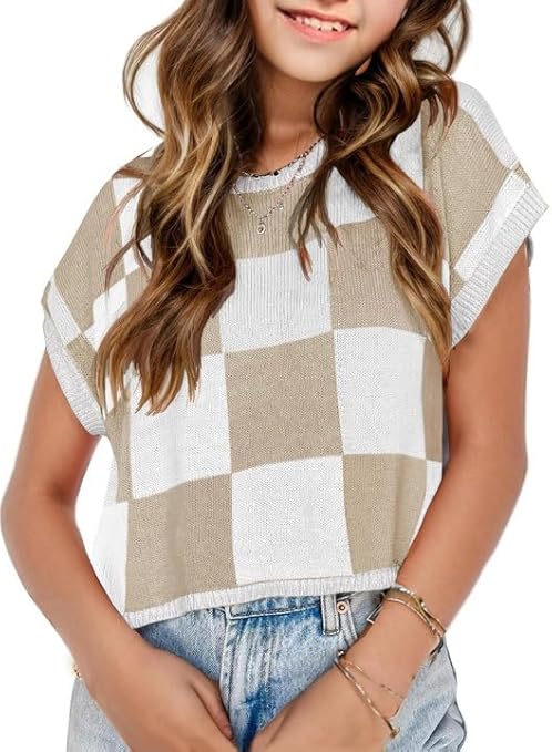 Girls Fall Crop Tops 2025 Cute Cap Sleeve Spring Summer Colorblock Loose Kids Knit Winter Sweaters Top