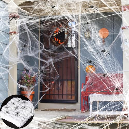 TheStriven Tecido de aranha branco decorativo de Halloween, 300 g teias de aranha e 50 aranhas, teia de aranha elástica, decoração para jardim exterior, decoração de casa assombrada, decoração de