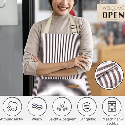 Thougthings Schürze Küchenschürze Kochschürze, Baumwolle mit zwei großen Taschen, Verstellbare Höhe, universell einsetzbar für Damen und Herren (Braun)
