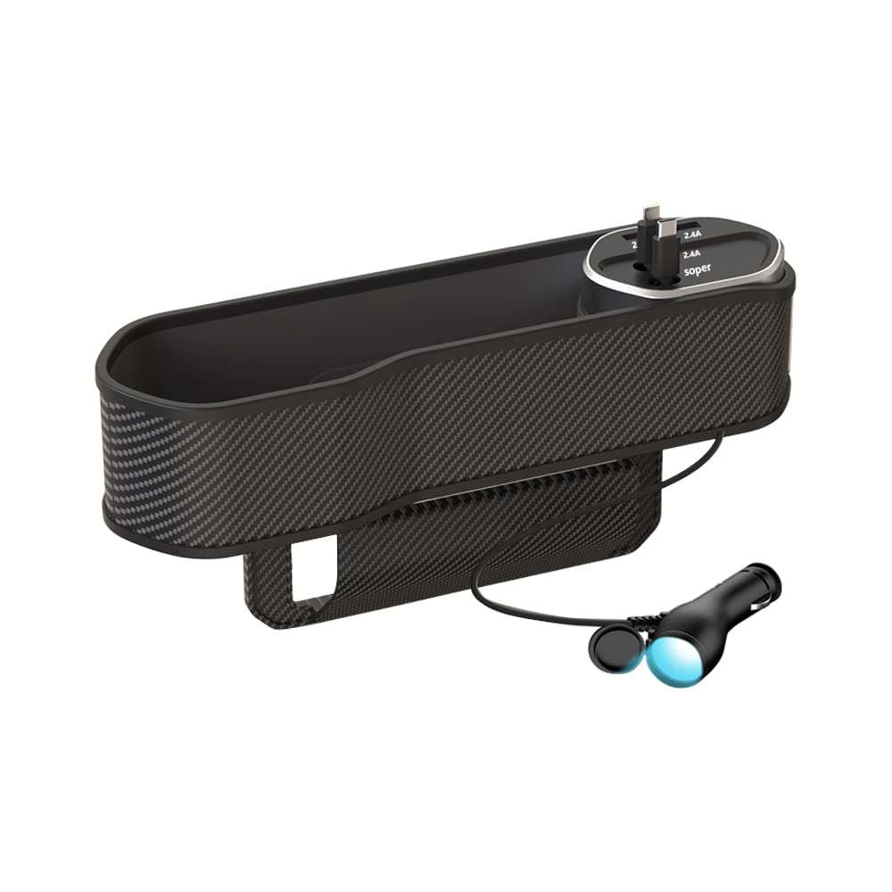 Riloer Organizador de asiento de coche multifuncional con soporte pequeño para vasos, organizador de relleno de brecha para asientos delanteros con 2 puertos USB