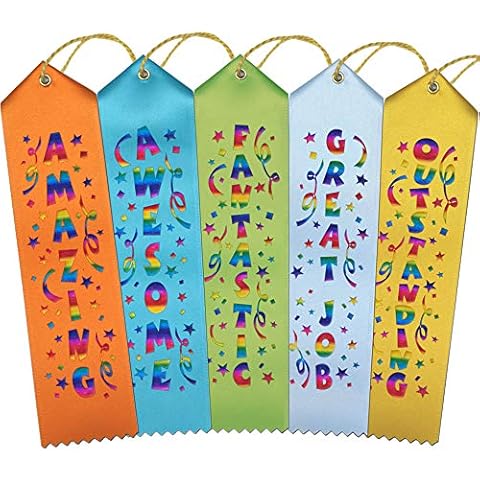 RibbonsNow Fun Award Ribbons - 50 Total Ribbons - 10 Each of Amazing, Awesome, Fantastic, Great Job, and Outstanding with Card & String Cover