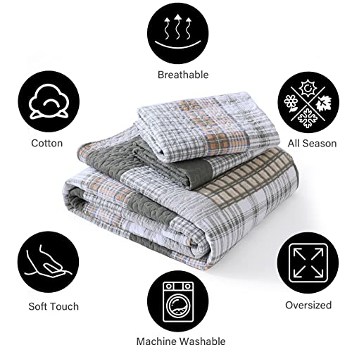 Pangushan Quilt Set Queen Size, 100% Cotton Quilt Bedding Set Bedspreads, Patchwork Plaid Farmhouse Reversible Lightweight Comforter Bed Spread For Queen Bed, Green/Gray, 3 Pieces #TOP4