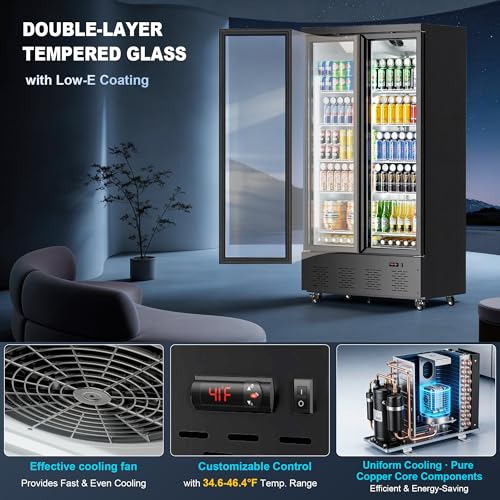 Image of 34 Cu.Ft Commercial Display Refrigerator, Space-Saving 2-Door Glass Front Merchandiser, Reach-in Beverage Cooler with Lock for Cafe, Office and Small Grocery, 10 Removable Shelves