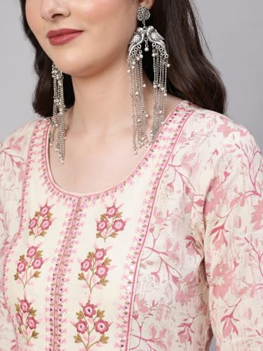 Image of Mizaz Women Printed Embroidered Cotton Round Neck 3 /4 Sleeve Ankle Length Flared Kurta Pant And Dupatta Set (MZ1038OFFWHITE P)