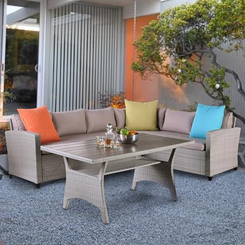 Outdoor Patio Furniture Set, Outdoor Sectional Sofa, Wicker Patio Furniture Patio Couch, Wicker Rattan Dining Table and Chairs Set for 7 People, Patio Conversation Set for Porch, Deck, Backyard
