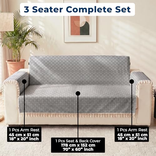 Image of Story@Home Quilted Printed Velvet Sofa Cover with Tassels for 3 Seater |Full Protection for Sofa Seat, Back & Arms | Anti Slip 3 Seater Sofa Mat with 2 Armrest Cover - Navy Blue & White