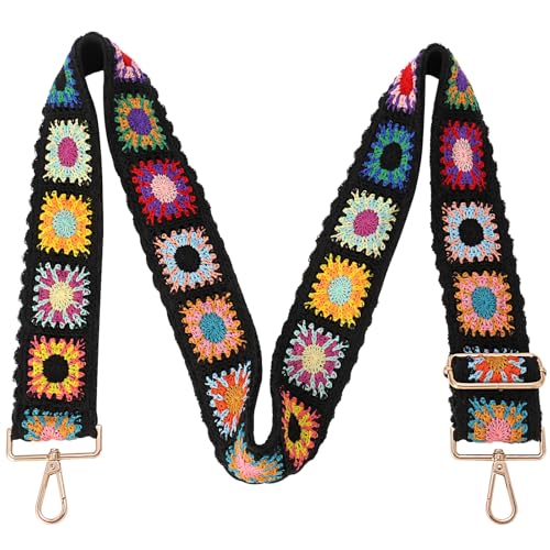 Image of Wide Purse straps Crochet Flower replacement crossbody for Handbag Adjustable Embroidery Knit Guitar Shoulder strap