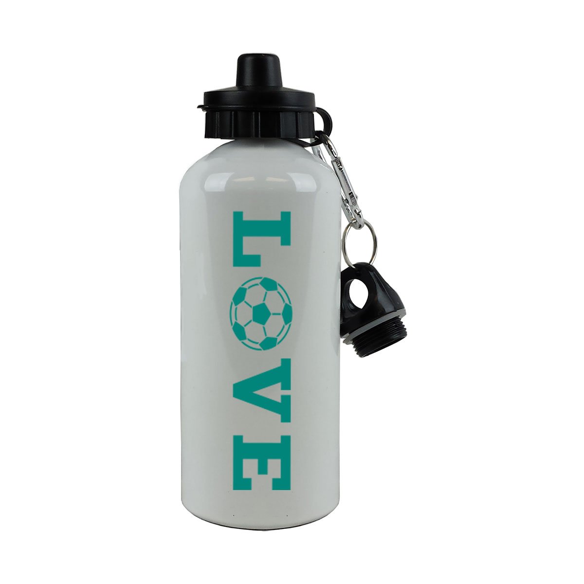 Love Soccer Sports Team Aluminium weiß Finish 20 Unze 600 ml Sport Wasser Flasche mit Karabiner, blaugrün