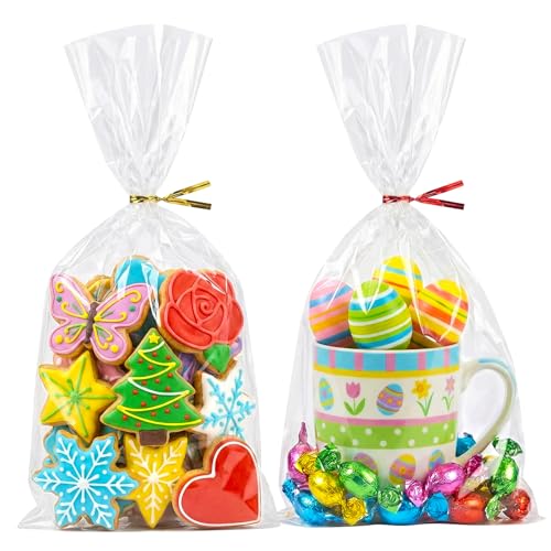 Morepack Cello Cellophane Treat Bags,200 Pieces 7X13 Inches Clear Plastic Gift Bags With Twist Ties,Party Favor Bags (Flat, No Gusset, Bottom)