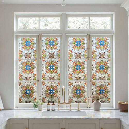 3D Stained Glass Window Film, Decorative Window Privacy Film for Bathroom,Front Door,Home, Sun Blocking Heat Control,Static Cling, Kaleidoscope 23.6inch x 35.4inch