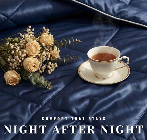 Image of SANMARINO 280 GSM Satin Silk AC Comforter for Single Bed (60 x 90 inches /152 x 228 cm), All Season Solid Reversible Blanket | Ultra Soft Lightweight Breathable Quilt, Glossy Finish - Royal Navy Blue
