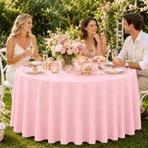 Image of WNINK 4 Pack Light Pink Round Tablecloth, 84 Inch Disposable Plastic Table Covers, Light Pink Round Table Cover for Birthday Parties, Holiday, Picnic, BBQ, Family Gathering Party Supplies