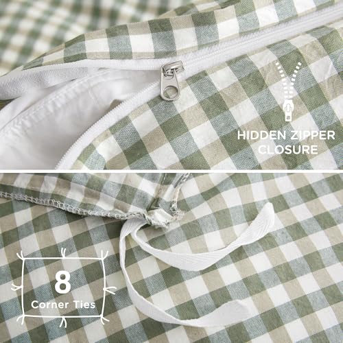 Image of TOCOMOA Green Gingham Duvet Cover Bedding Set 100% Washed Cotton Like Linen Feel Super Soft Comfortable 3 Piece Vintage Plaid Checkered Comforter Cover Set (Queen 90 inchx90 inch, Comforter Not Included)