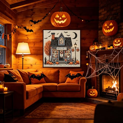 Image of KYOQFVN Horror Cross Stitch Stamped Kits for Adults Beginner - Halloween Embroidery Kits - 11 CT Needlepoint Patterns for Home Decor 14x14 Inch