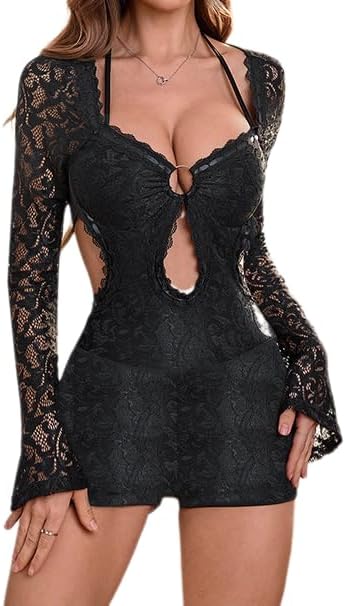 ksotutm Women's Sexy Lace Jumpsuit Slim Fit Long Sleeve Short One Piece Jumpsuit Backless Bodycon