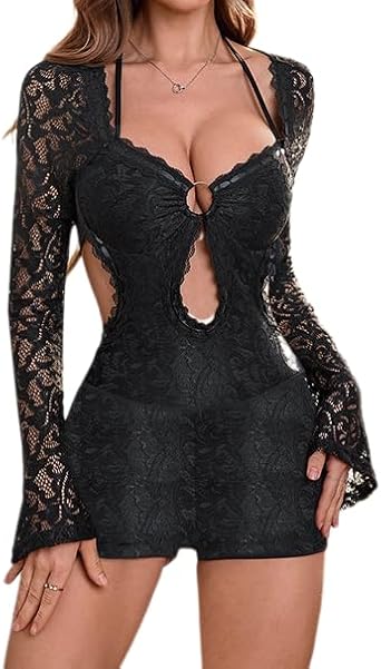 ksotutm Womens Sexy Lace Jumpsuit Slim Fit Long Sleeve Short One Piece Jumpsuit Backless Bodycon