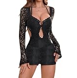 ksotutm Women's Sexy Lace Jumpsuit Slim Fit Long Sleeve Short One Piece Jumpsuit Backless Bodycon