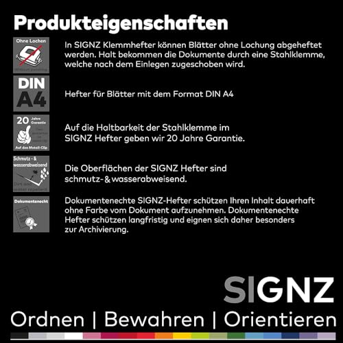 SIGNZ Klemmhefter DIN A4, 25 Stück, schwarz, Für bis zu 30 Blatt, CO2-neutral hergestellt, made in Germany