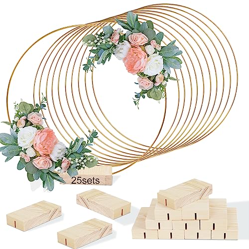 GUDELAK 25Pcs 12 Inch Metal Floral Hoop Centerpiece with Stand for Table Metal Macrame Gold Wreath Ring with 25Pcs Holders Stand for DIY Wedding Decor Wall Hanging Dream Catcher Crafts