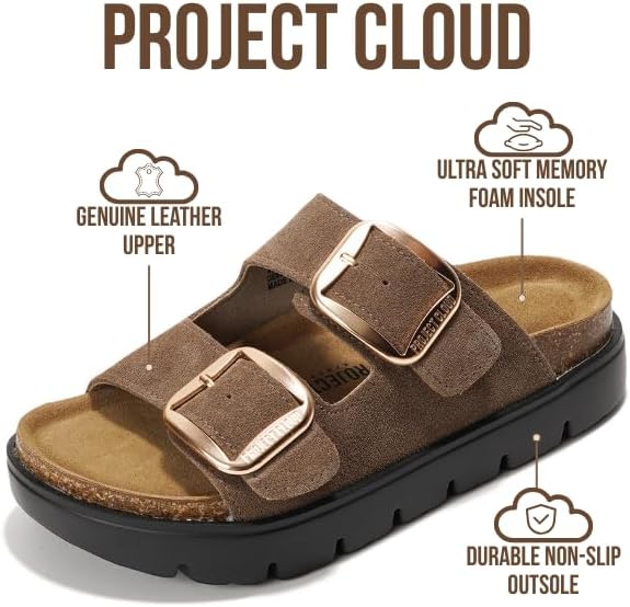Project Cloud 100% Genuine Leather Platform Sandals Women Footwear - Wedge Chunky Slides for Women 2026 with Memory Foam Insole & Cork Footbed Womens Sandals (GreeceChunky) - Image 3